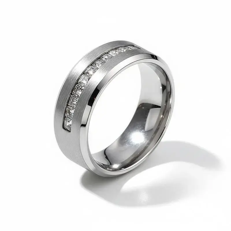 Titanium Beveled Cubic Zirconia Ring with Stainless Steel Band, 9 Princess Cut Diamonds, Princess Style & Titanium Construction Rings, Elegant Daily Metal Coating Jewelry – Perfect Couple's Gift, Cubic Zirconia Rings