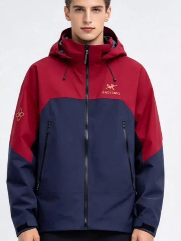 Stylish Waterproof Windproof Hooded Shell Jacket for Men & Women Burgundy And Dark Navy Color Block Multi Storage Pockets Durable Outerwear Perfect For Hiking Skiing And Outdoor Trips