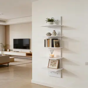 5-layer white PVC wall shelf, Wall mounted organizer, Heavy duty floating shelf, no assembly required, self-adhesive installation, space-saving storage unit, suitable for books, plants, artwork - Modern minimalist decor, multi-functional