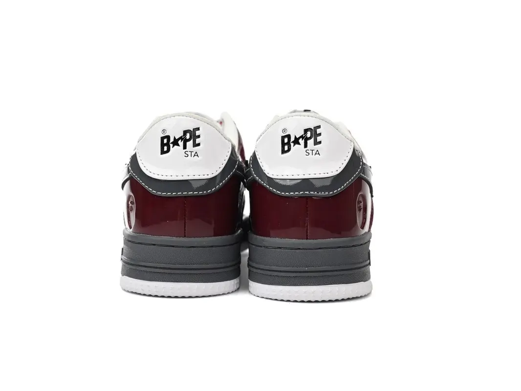 Three Tone Burgundy Grey White Gloss Patent Leather Low Top Platform Sneakers, Dark Grey Stitched Star Graphic White Inner Lining Dual Layer Grey Rubber Outsole Unisex Hip Hop Street Skate Daily Walking Trainers