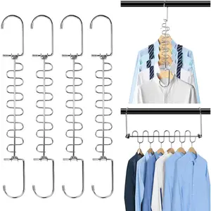KLEVERISE 4 Pack Metal Space Saving Hangers, Stainless Steel Hangers Space Saving for Clothes, Magic Cascading Space Saving Closet Clothing Hanger Organizer Space Saver, College Dorm Essentials