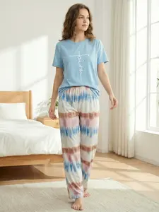 Women's two-piece pajama set - round neck cross-print short-sleeved top and gradient wide-leg pants casual loose set, exquisite loungewear suitable for all seasons.