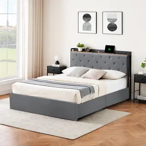 Queen Platform Bed Frame with Storage Drawers – Upholstered Headboard, Charging Station – Wooden Slats & Metal Support – No Box Spring Needed – Modern Grey Bedroom Furniture