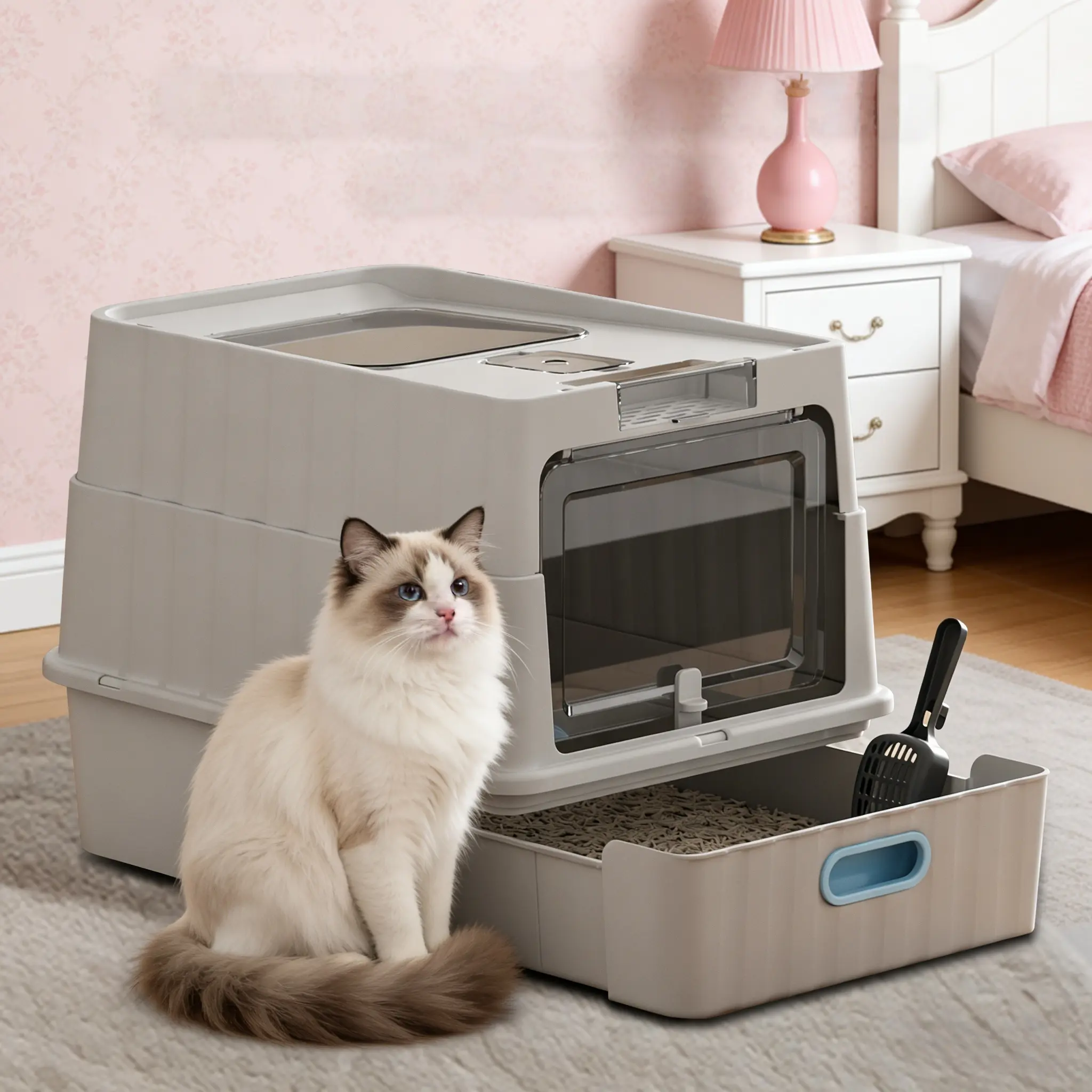 Foldable Cat Litter Box with Lid, Enclosed Potty, Large Top Entry Anti-Splashing Toilet, Easy to Clean Including Litter Scoop