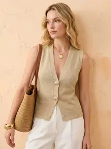 Women's V Neck Knitted Vest, Fashion Spring Summer Top, Formal Button Shirt, Knit Business Casual Jacket, Solid Color