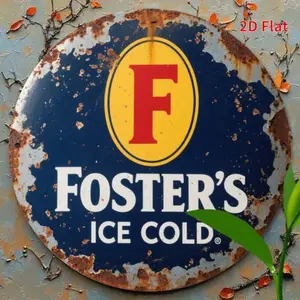 Vintage 2D Flat Foster's Ice Cold Beer Sign Retro Aluminum Metal Plaque with Red Golden Logo for Pub Bar Man Cave Garage Cafe Indoor Outdoor Wall Decor