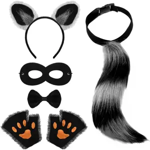 BY-X 6 Pieces Kids Raccoon Costume Accessories Set Animal Raccoon Ears Headband Claw Gloves Tail Bow Tie and Mask for Boys Girls Adult Halloween Christmas Carnival Cosplay Party Animal Suit