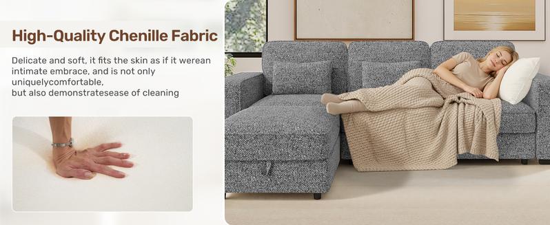 102" Convertible Sectional L-Shaped Sofa Couch with Storable Ottoman,Deep Seat Sofas for Living Room,Bedroom Apartment,with USB Type-C Ports and Pillow (Chenille,Beige) 102" Convertible Sectional L-Shaped Sofa Couch with Storable Ottoman,Deep Seat Sofas for Living Room,Bedroom Apartment,with USB Type-C Ports and Pillow (Chenille,Beige)