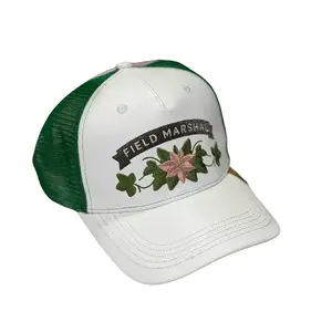 Field Marshal Ivy SnapBack Hat with Green Mesh and White Leather Brim Featuring Pink Flower Embroidery
