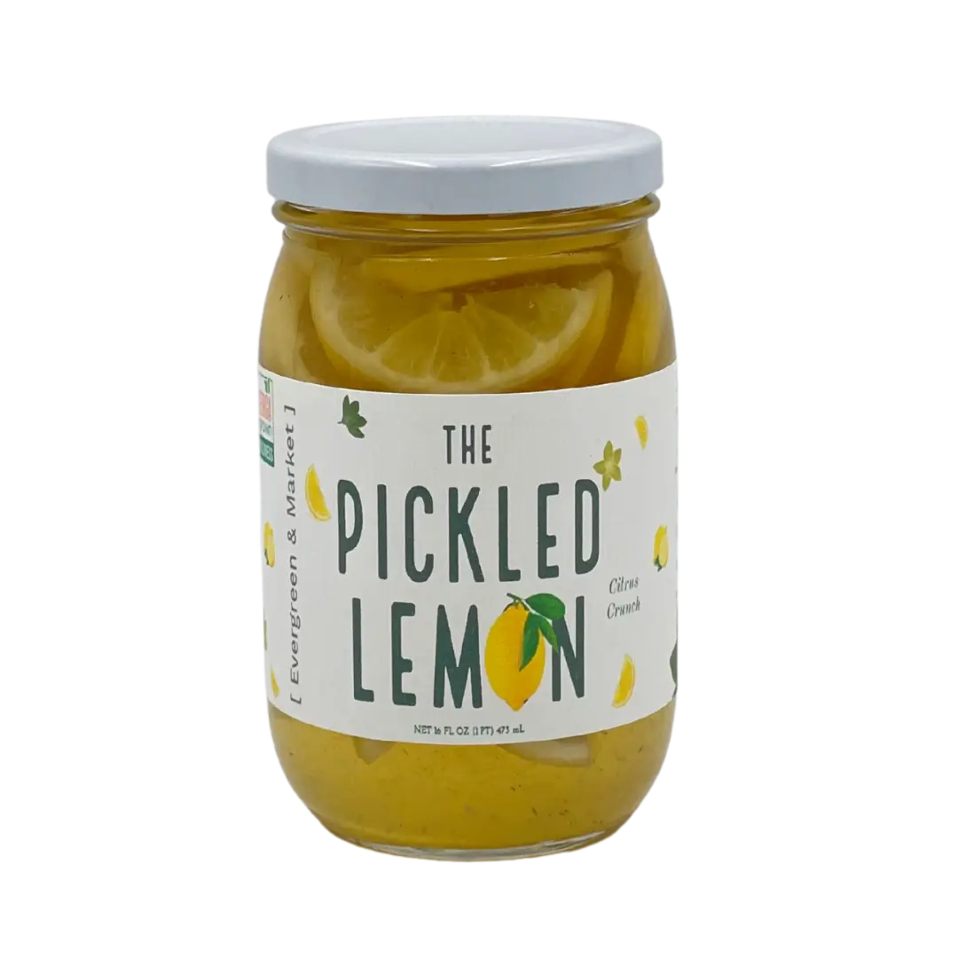 Evergreen and Market Pickled Lemons, 17oz Glass Jar, Tangy Citrusy Healthy Pantry Food Preserve, for Pasta, Sparkling Waters, Iced Teas, 24-Month Shelf Life