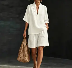 Women's Summer Retro V-Neck 2-Piece Short & Top Clothes Set - Loose Drop Shoulders, Casual Flattering Fit, Ideal for Island Vacations, Best Friend Outings