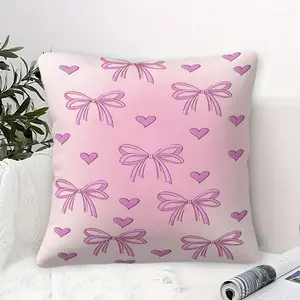 Pink Bow and Heart Print Throw Pillow, Soft Material, Aesthetic Decorative Cushion, for Sofa Couch, Bedroom, Living Room, Romantic Sweet Home Decor for Girls Teens, Multiple Sizes Available, Pillow Insert Included