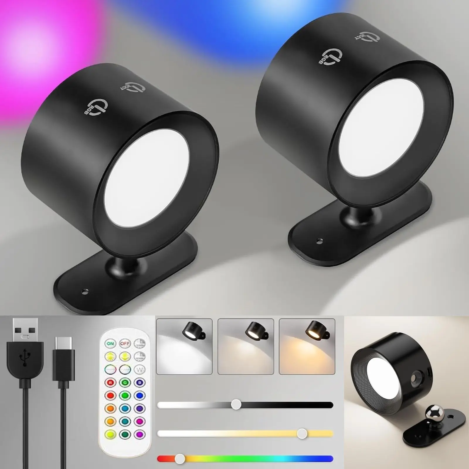 RGB Wall Sconce, 360° Rotation Cordless Wall Mount Lamp with Remote Control for Hallway Bedroom Mood Lighting