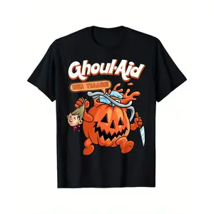 Men's Halloween Ghoul Aid Pumpkin Graphic T-Shirt - 100% Cotton Short Sleeve Crew Neck Casual Tee Menswear Top Black Crewneck
