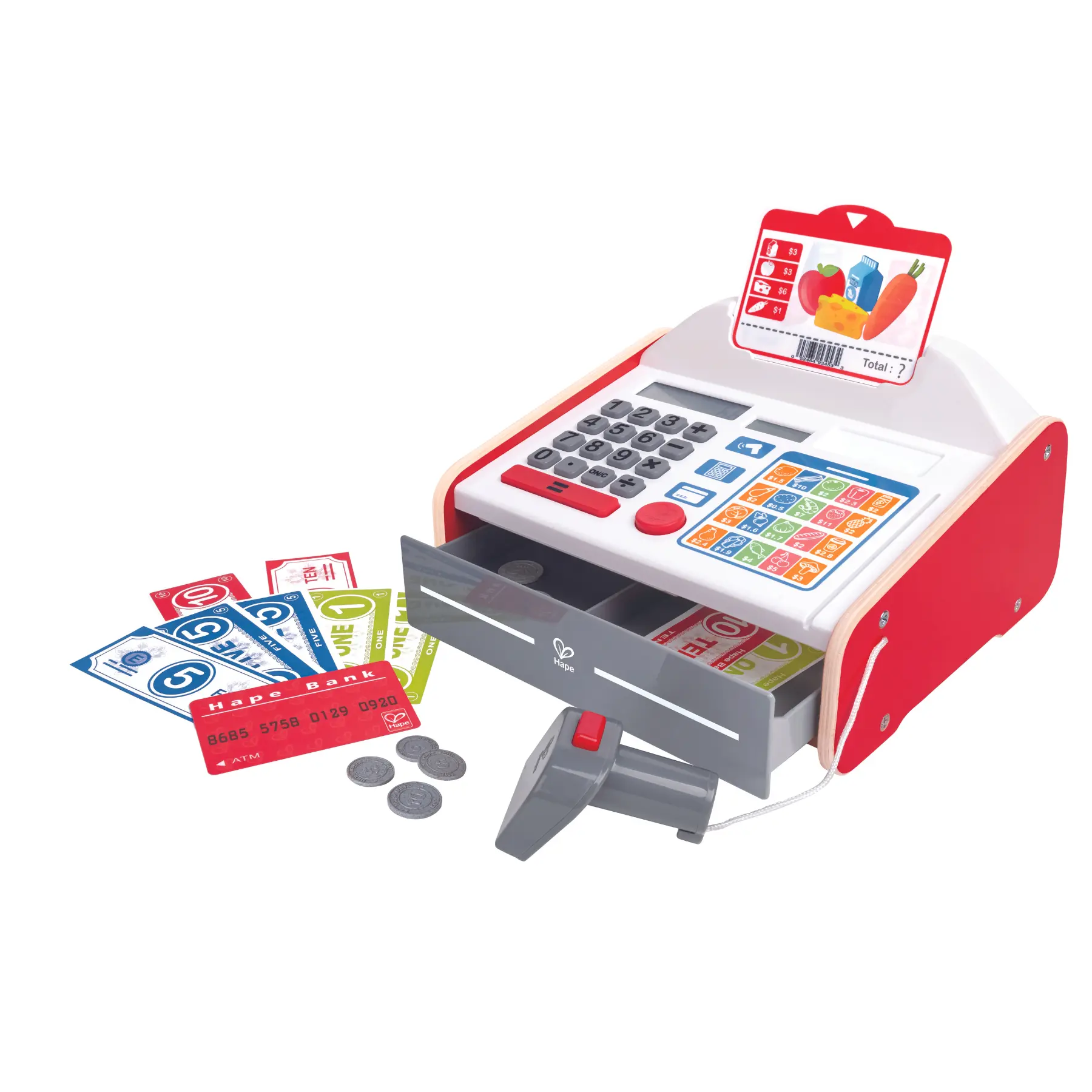 Hape Beep 'n' Buy Cash Register Playset - Solar Powered, ASTM F968 Educational Learning Toy for 3-4 Years Kids with Coins, Calculator, Groceries, Paper Money, Sound Feature, 2.49 lb