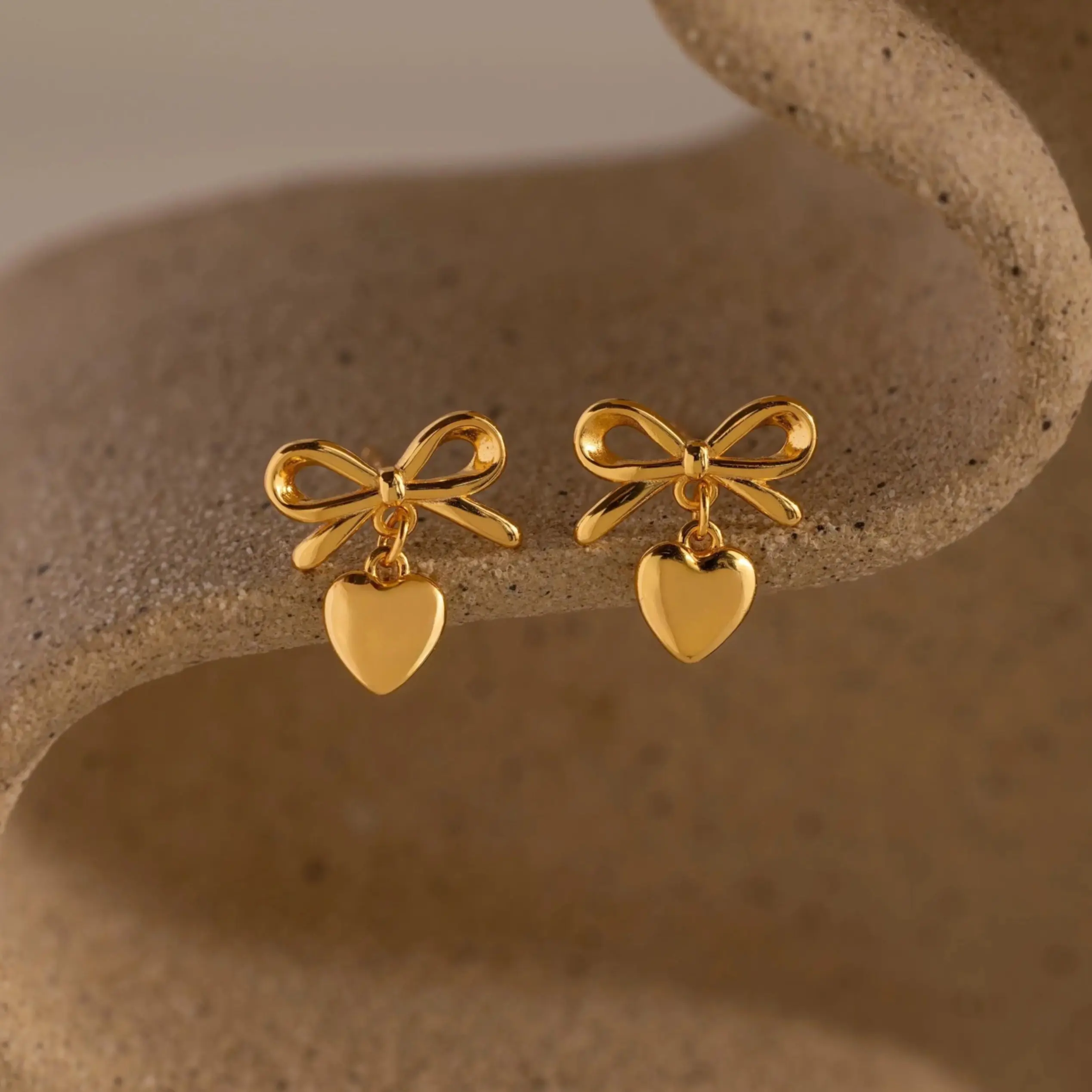 Bow Heart Studs by Caitlyn Minimalist - Puff Ribbon Drop Earrings - Dangling Heart Statement Stud Earrings - Cute Coquette Jewelry - Gift for Her