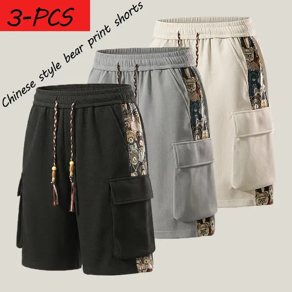 Men’s 3-Pack Aesthetic Vintage Streetwear Cargo Shorts, Classic Oriental Style with Bear Graphic Print, Breathable Fabric, Loose Fit, High Elastic Waist with Drawstring, Side Patchwork, Multiple Pockets, US Sizes, Sweet Outdoor Casual Summer Wear