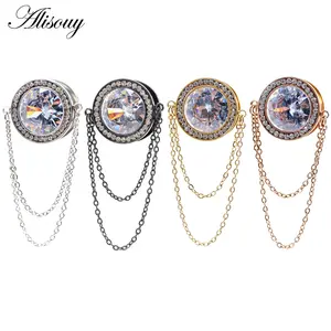 Alisouy 2PCS 6-16mm Stainless Steel Zircon CZ Two Chains Pendant Ear Plug Tunnel Expander Stretcher Gauges Body Piercing Jewelry
