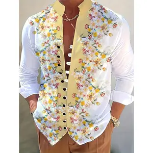 Men'S Casual Floral Print 3D Embroidered Shirt - White with Vibrant Floral Design, Mandarin Collar, Button-Up, Perfect for Outdoor Activities, Casual Attire | Mandarin Collar Shirt | 3D Embroidered Shirt