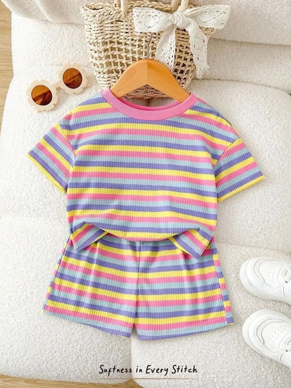 Kids clothing girls - Girls Striped Knit T-Shirt And Shorts Set, Retro Summer 2-Piece Playwear Outfit, Cute Kids Seasonal Clothing girls clothes for kids clean girl clothes cute college girl clothes girly clothing boho earthy girl clothes