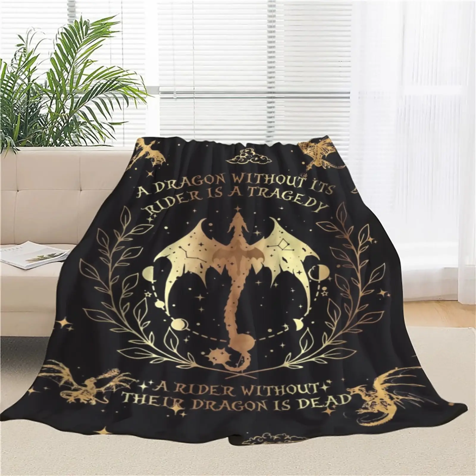JOOCAR Glam Style Flannel Throw Blanket with Dragon and Rider Motif - Tie-dye Digital Print All-Season Cozy Polyester Bedding Multipurpose Soft Blanke