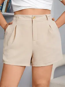 【Plus Size】 Solid Color Buckle Decor Casual Relaxed Shorts, Casual Pocket Design Shorts for Daily Wear, Women's Bottoms for Summer