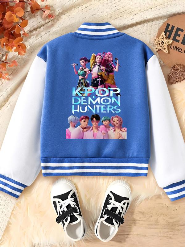 Girls' Kpop Demon Boy & Hunter Girl Group Print Baseball Jacket, Casual Cute Outerwear, Casual Sport School Uniform, Elastic Fabric, Fall Winter Halloween
