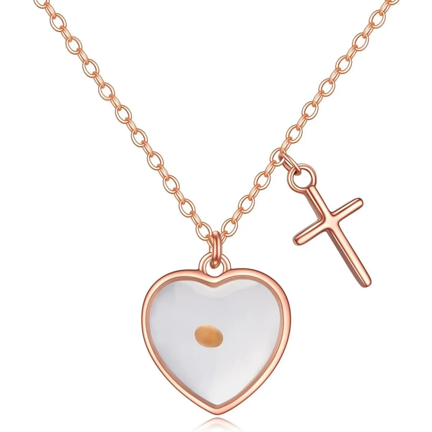 Hetica Mustard Seed Faith Necklace for Women, Rose Gold Stainless Steel Jewelry with a Heart Shape Pendant and Cross Charm, Stainless Steel Necklaces, Genuine Seed, Bead, Casual, Christian Symbol, Faith Chain, Daily Wear