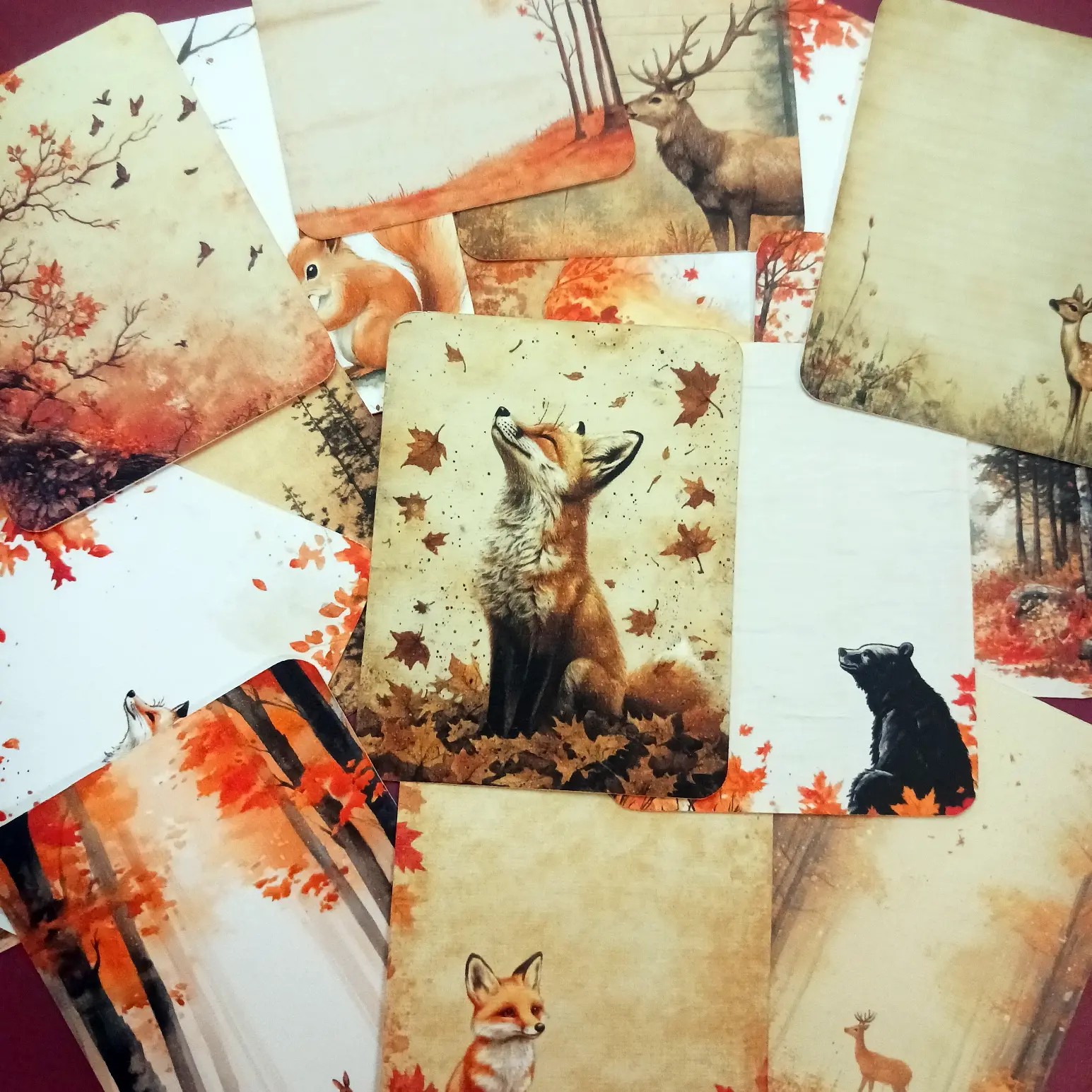 Fall Themed Printed Cards for Scrapbook or Journal - Set of 16 Traditional Linen Textured Cards with Archival Quality Ink - 3" x 2.3"