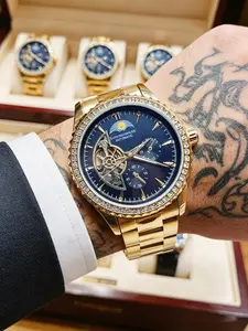 Men's Mechanical Watch with Diamond Bezel, Stainless Steel Strap, Round Analog Face, Fashionable Business Casual, Elegant Gift Box, Diamond Studded Watch