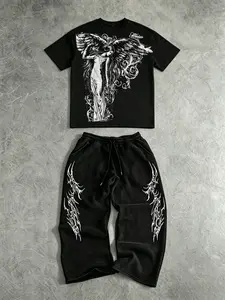 Oversized Short Sleeve + Sweatpants Set, Camo, High Street Hip-Hop Style, Trendy Two-Piece, Casual Wear for All Seasons