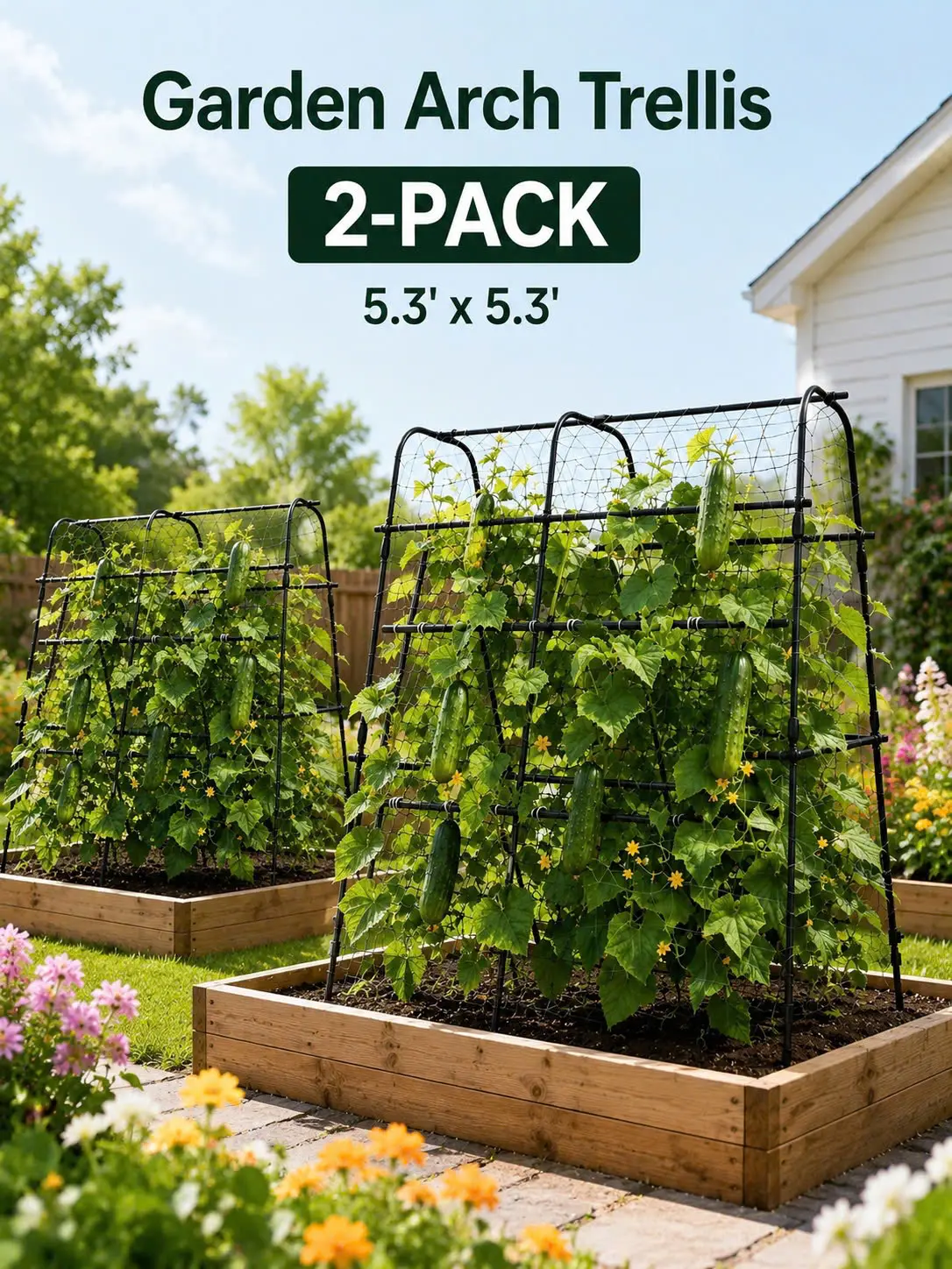 [2-PACK] 5.3 x 5.3 FT Garden Arch Trellis for Raised Beds, U-Shaped Coated Metal Cucumber Trellis for Squash, Beans, Roses, Grapes and Climbing Plants