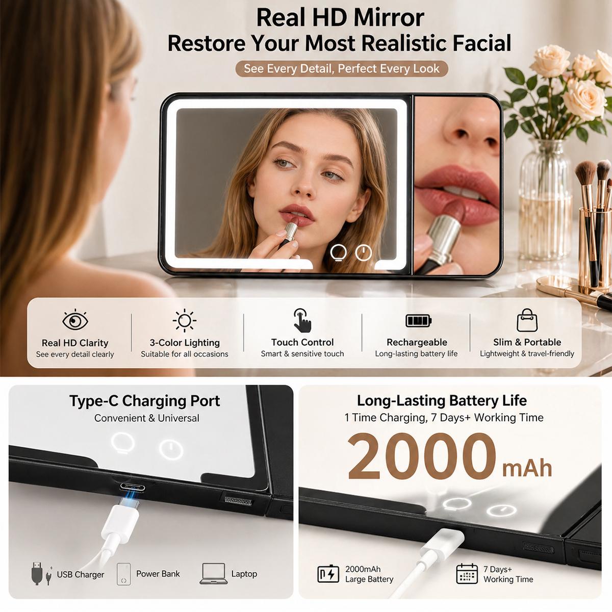 Car Sun Visor Cosmetic Mirror, Rechargeable Dimmable Vanity Mirror with 3 Light Modes, Clip-On Sun-Shading Mirror Universal for Car SUV Truck