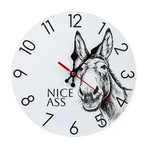 Hilarious Donkey Nice Ass Pun Wall Clock, Black White Sketch Donkey Print Silent Non-Ticking Round Wall Decor, Perfect Funny Prank Gag Gift for Farm Lovers, Great Accent for Bathroom Man Cave Rustic Farmhouse