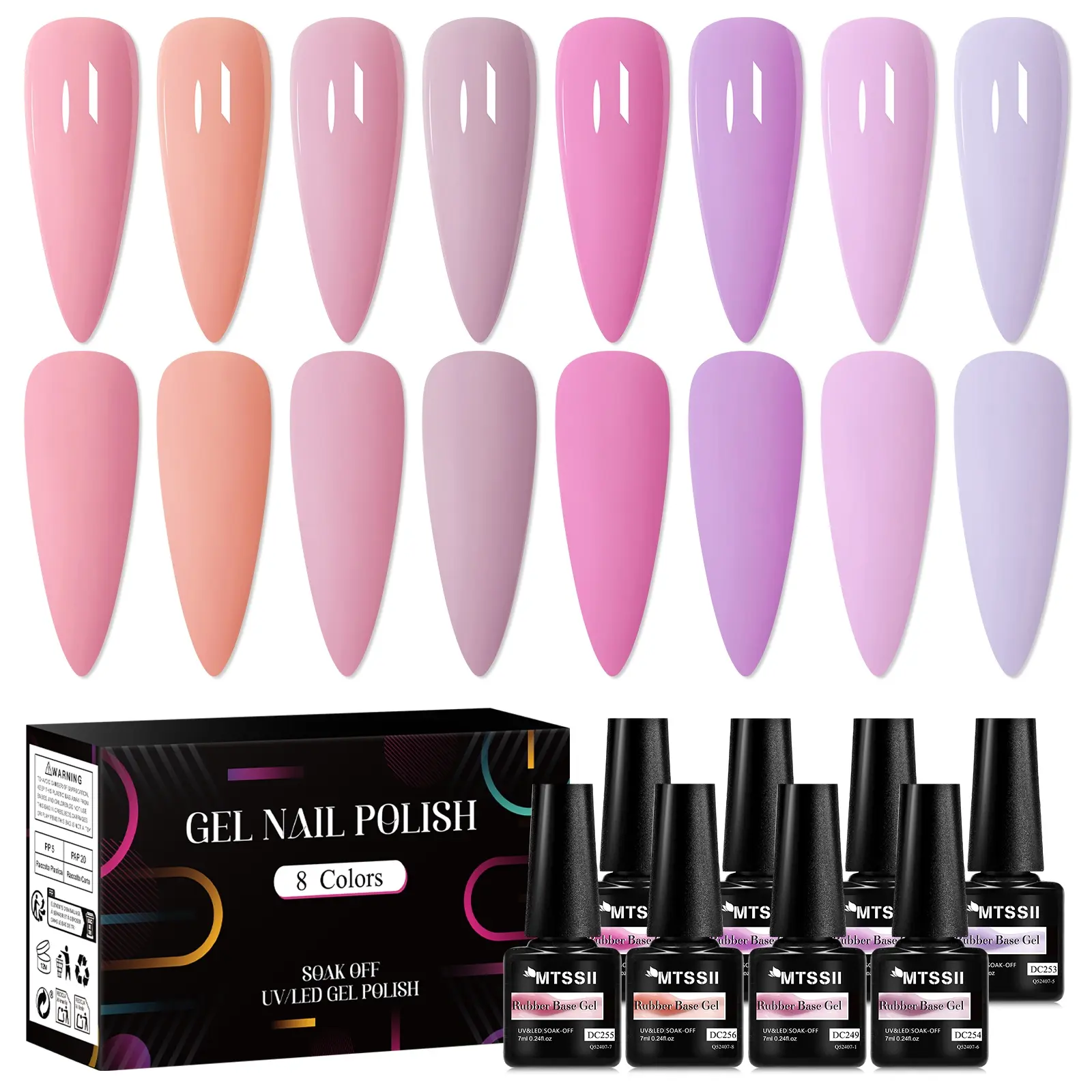 Mtssii 8pcs Rubber Gel Base Coat for Nails, Builder Gel Type, Nude & Violet Pastel Lavender, Build Strength for Thin Weak Nails, Home Manicure Kit, Nail Polish