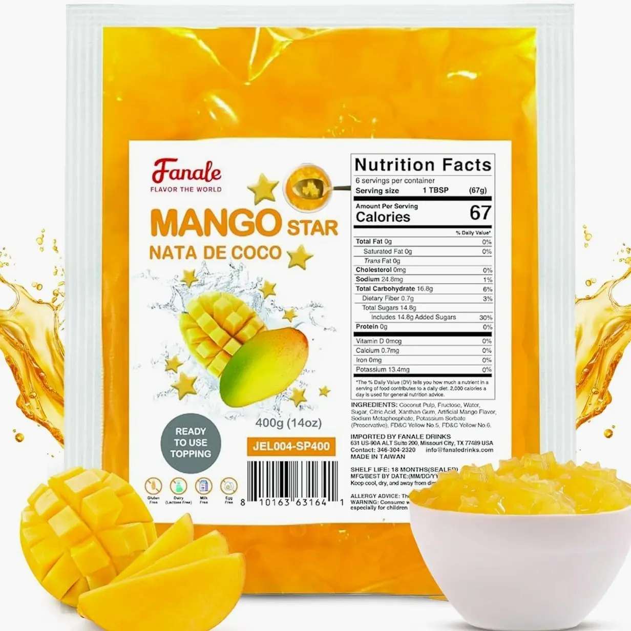 Fanale Coconut Jelly Topping nata de coco for Bubble Tea | Mango Star Jelly Topping for Boba Tea, Smoothies, Slushes, Desserts 400g(Pack Of 1)