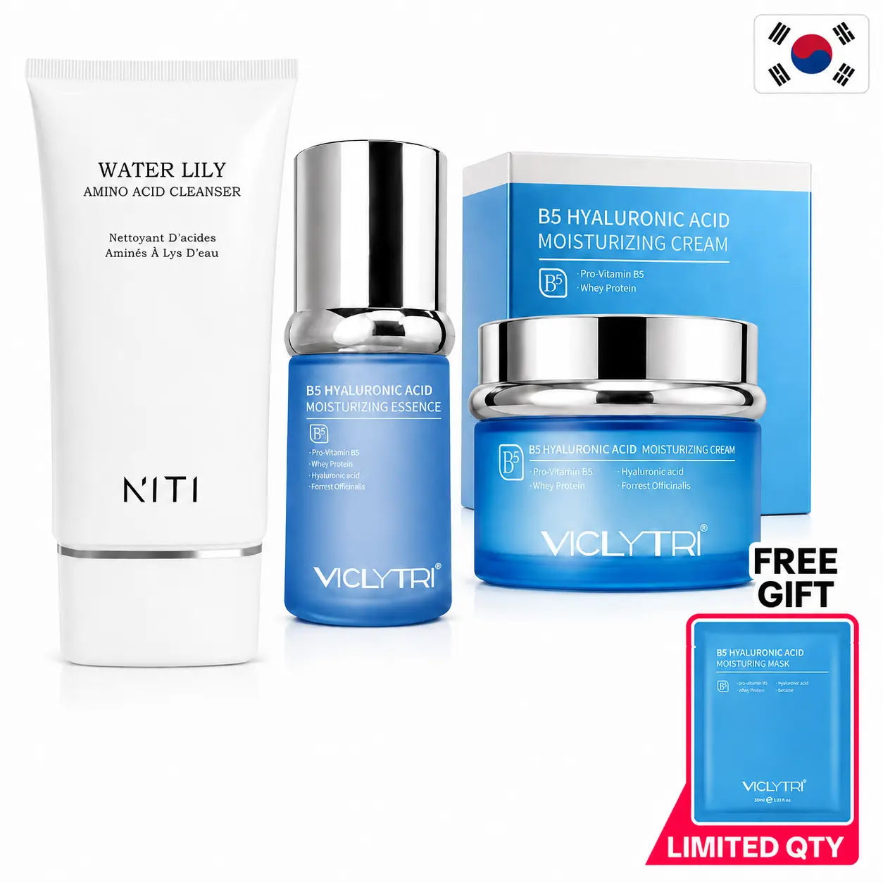 AORA NITI & VICLYTRI 3-Step Hydrating Skincare Set, Amino Acid Cleanser, Hyaluronic Acid B5 Essence, Moisturizing Face Cream and Sheet Mask