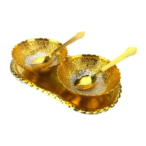 Elegant Gold-Silver Plated Serving Set - Varied Packs of Bowl, Spoon, Tray - German Silver for Dry Fruits, Desserts, Festive Uses, Housewarming Gifts - Kitchenware Cutlery Tableware