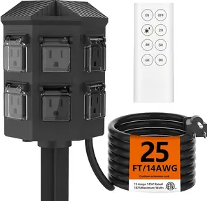 Outdoor Power Stake Timer, Remote Control Dusk to  Light Timer, 25FT Extension Cord , 6 Grounded Outlets for Outdoor Christmas Decorations, ETL Listed