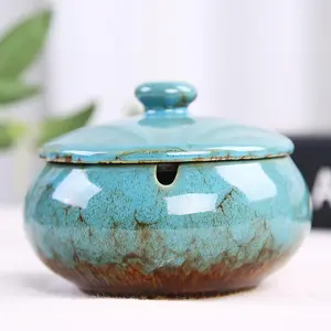 Ceramic Ashtray with Lids, Windproof, Cigarette Ashtray for Indoor or Outdoor Use,Ash Holder for Smokers,Desktop Smoking Ash Tray for Home Office Decoration - Blue