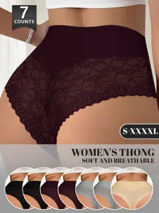 7 Pcs Women's Lace High-Waisted Thong Underwear, Soft Breathable Comfortable Fitted Triangle Panties, Multi-Color Invisible Sexy Lingerie, Soft Stretch Panties, Soft Comfy Panties, S-Xxxxl