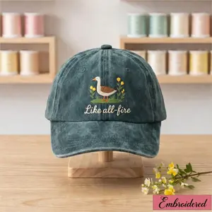 Embroidered Goose And Flowers Hat, Like All Fire Vintage Teal Green Washed Dad Cap