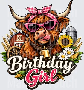 Birthday Girl Highland Cow with Pink Sunglasses and Farm Scene