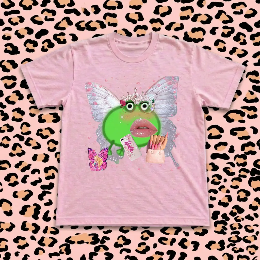 Slay Frog T-Shirt, Pink Graphic Tee, Glitz Fairy Frog Butterfly Wings Crown Lips Purse Meme Shirt, Aesthetic Y2K Coquette Top Trendy Gift for Bestie