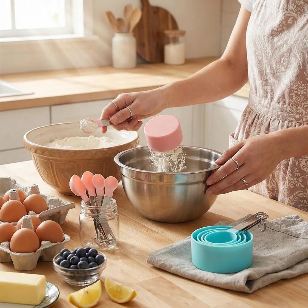 8 Pcs Measuring Cups and Spoons Set, Turquoise Stainless Steel Handle, Kitchen Baking Tools for Cooking, Baking & Coffee, Heavy Duty & Dishwasher Safe