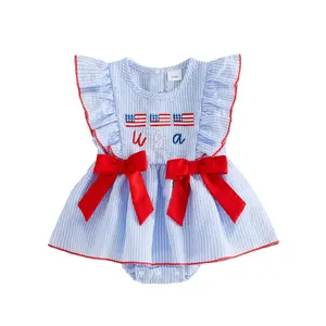 Baby Girl 4th of July Romper American Flag Embroidery Striped Ruffle Sleeve Doll Collar Bodysuit Infant Newborn Patriotic Outfit