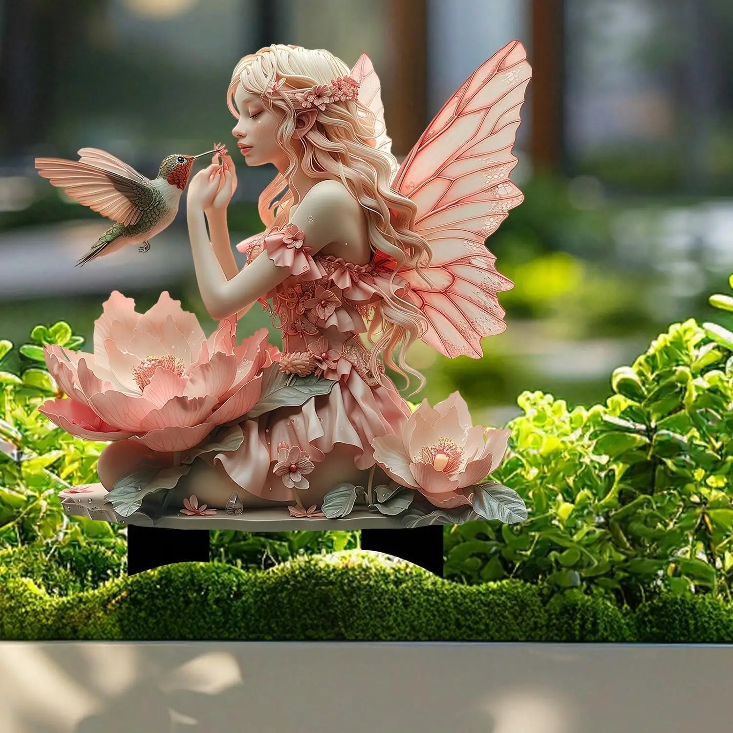 Acrylic Dream Flower Fairy & Hummingbird Design Garden Decor, Universal Outdoor Garden Pile, Potted Ground Cuttings Decoration, Creative Gift