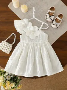Girls' clothing, girls' summer dress, elegant pearl flower breeze, girls' white pleated camisole dress, three-dimensional pearl flower decoration+waist cinching skirt, baby girl birthday gift, Easter gift, suitable for kindergarten cultural performances
