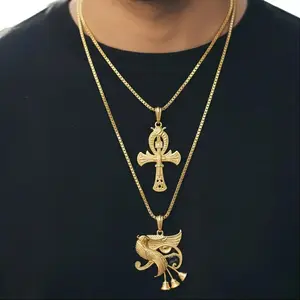 MaxBling81 Egyptian 14K Gold Plated Eye of Horus & Ankh Cross Pendant Necklace Set, 2mm Long Box Chain (20" or 24"), Hip Hop Style Unisex Jewelry Gift for Men & Women
