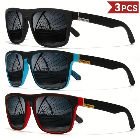 Male Fashion Vintage Frame Full Rim Sunglasses - 3-Pack Luxury Square Polarized Lenses, Fast Glare Cutting, UV400 Protection PC Plastic Eyewear, Party Accessory for Driving (Men's Polarized Sunglasses)